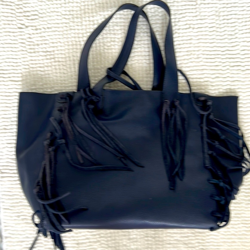 Inzi Navy Blue Fringe Tassel Tote